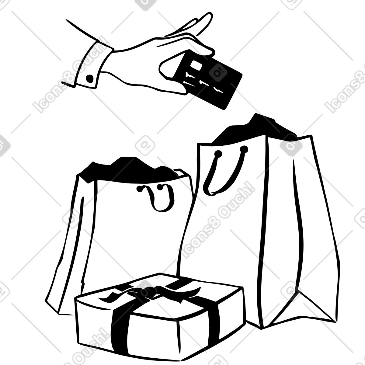 Ilustração de Mão segurando cartão bancário com sacolas compras em no estilo Line para baixar em PNG, SVG