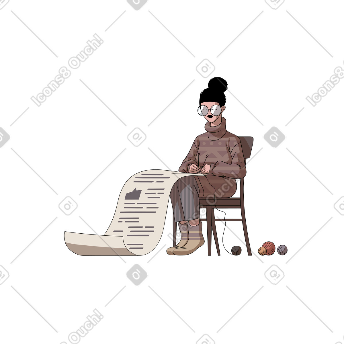 Knitting long paper scroll, Creative writing or page under construction concept illustrazione in stile Eastwood scarica in PNG, SVG