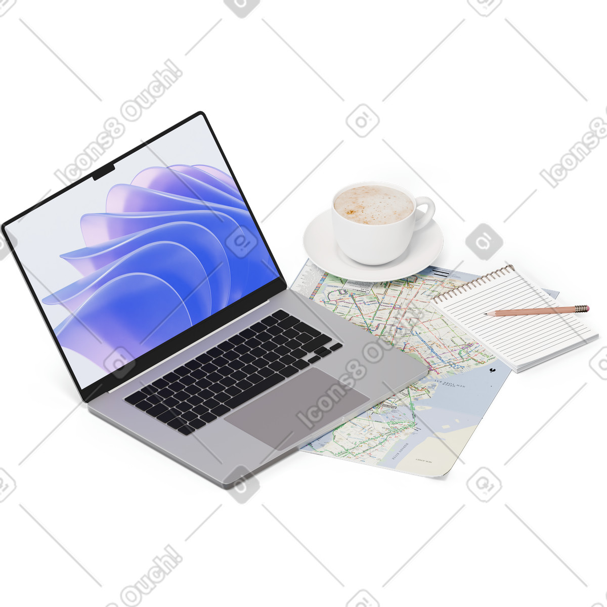Vista isometrica di mappa, laptop, taccuino, matita e tazza illustrazione in stile 3D Hygge scarica in PNG, SVG