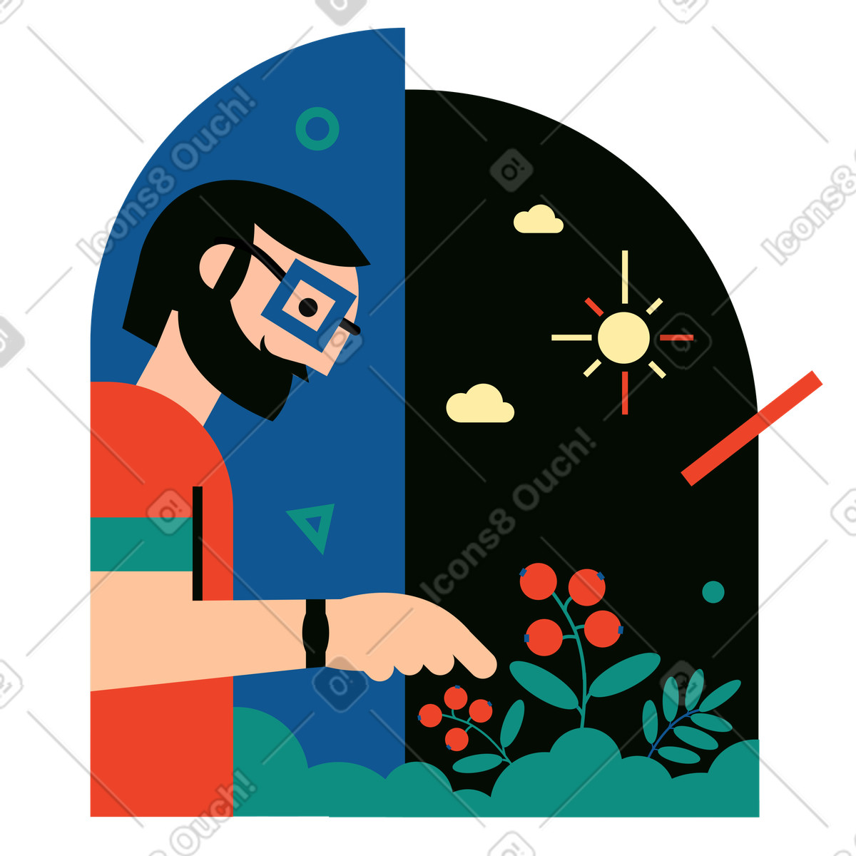 Ilustración Hombre recogiendo bayas frescas al aire libre en estilo Polar a descargar en PNG y SVG
