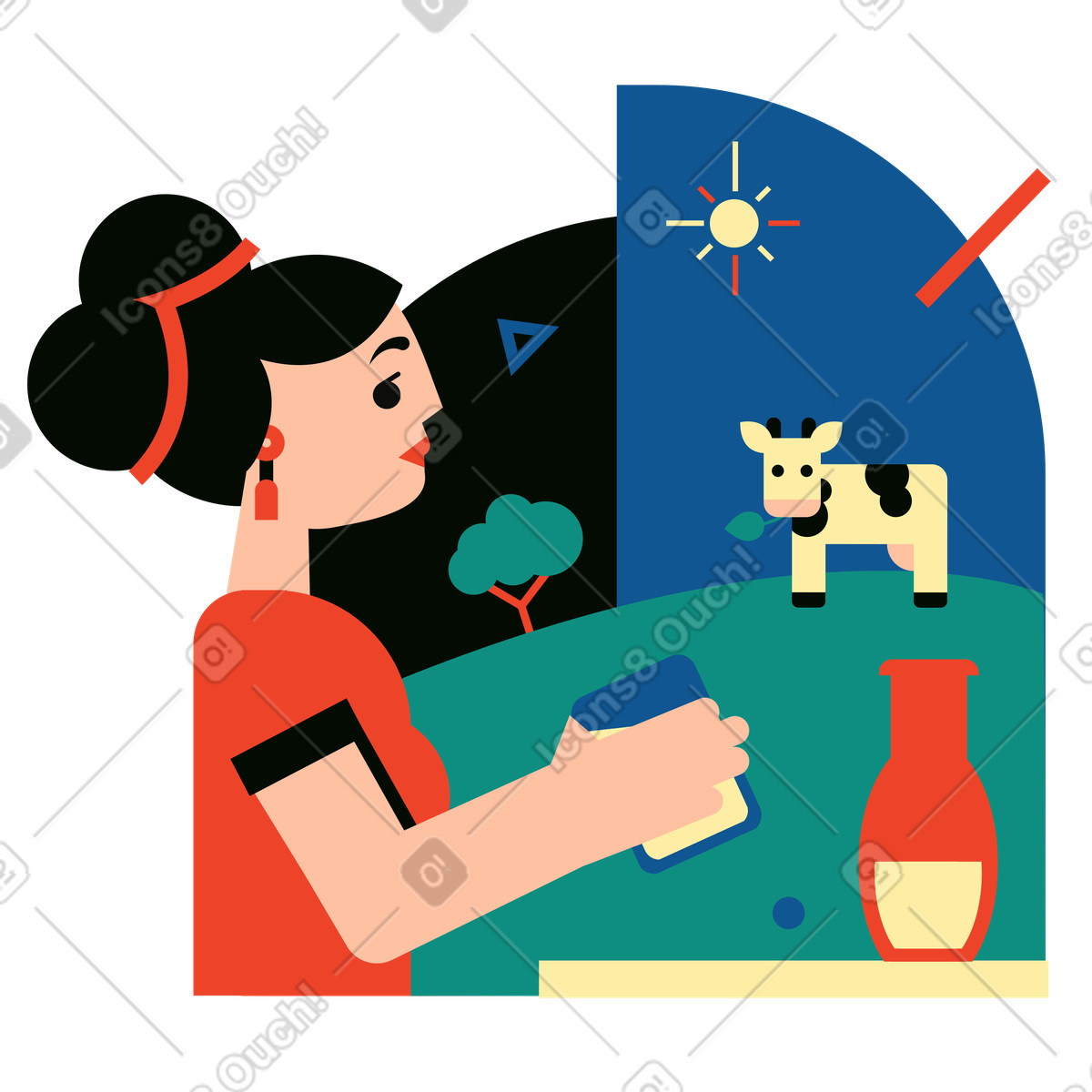Donna che beve latte fresco in fattoria illustrazione stile Polar scarica PNG, SVG