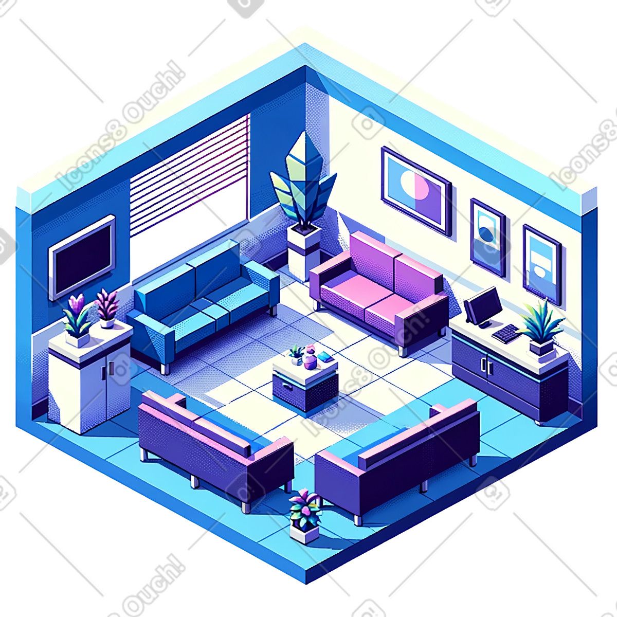 Sala d'attesa dell'ufficio pixel isometrico illustrazione in stile Rooms scarica in PNG, SVG