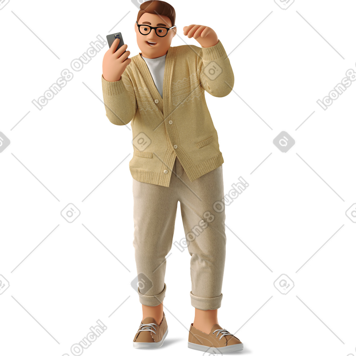 3D Business スタイルの Smiling guy dancing with phone のイラストをPNG、SVG形式でダウンロード