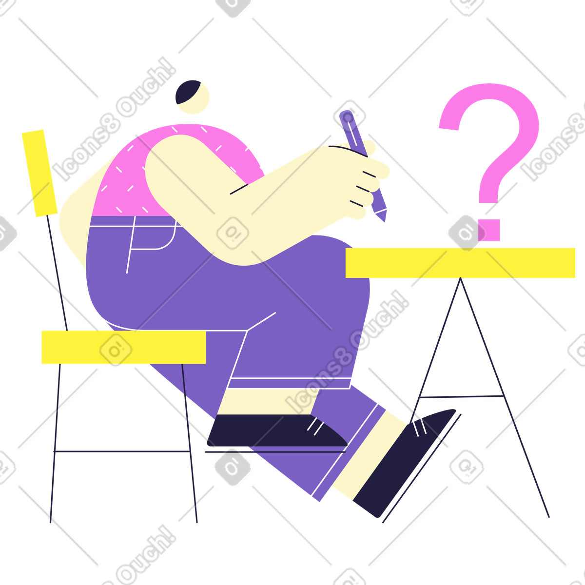 Verwirrter mann mit stift und fragezeichen-Illustration im Mellow-Stil als Download in PNG, SVG
