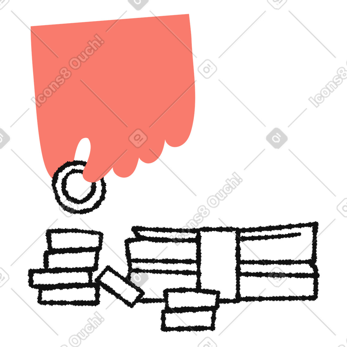 Ilustração de Hand holding coin above stacked money bills and loose cash em no estilo Bold People para baixar em PNG, SVG
