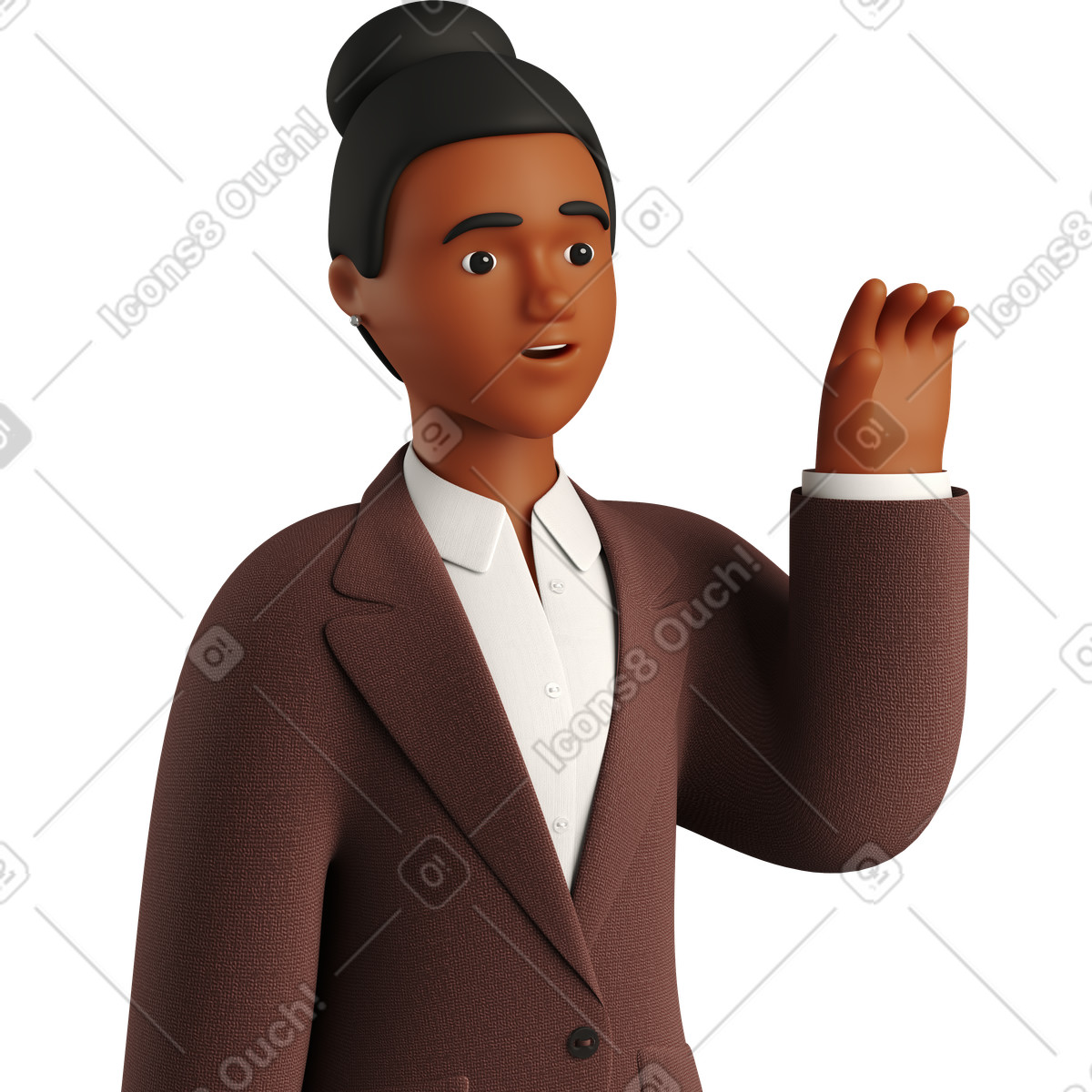 下载 3D Business 风格的 Black businesswoman in brown suit waving goodbye 插画，支持 PNG、SVG 格式