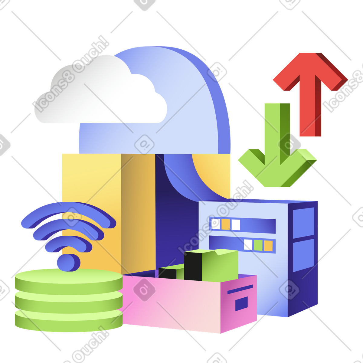 Cloud-speicher, datenbank und hardware-Illustration im Levels-Stil als Download in PNG, SVG