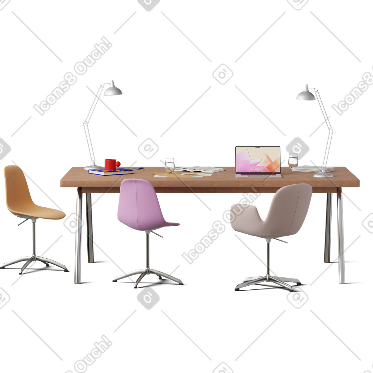 Front view of office desk with laptop and project files illustration clipart for workspace GIF