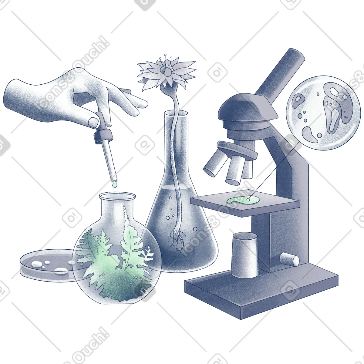 Illustration Microscope et flacons dans un laboratoire de biotechnologie le style Haze à télécharger aux formats PNG, SVG
