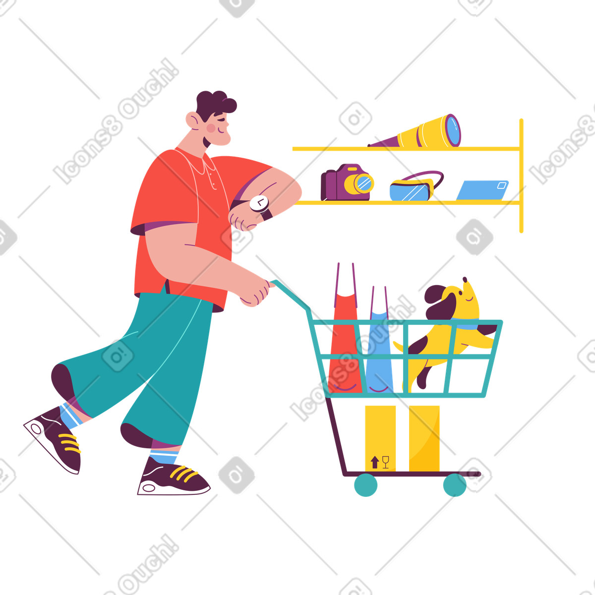 Man pushing a shopping cart with dog illustration in Sammy style download in PNG, SVG