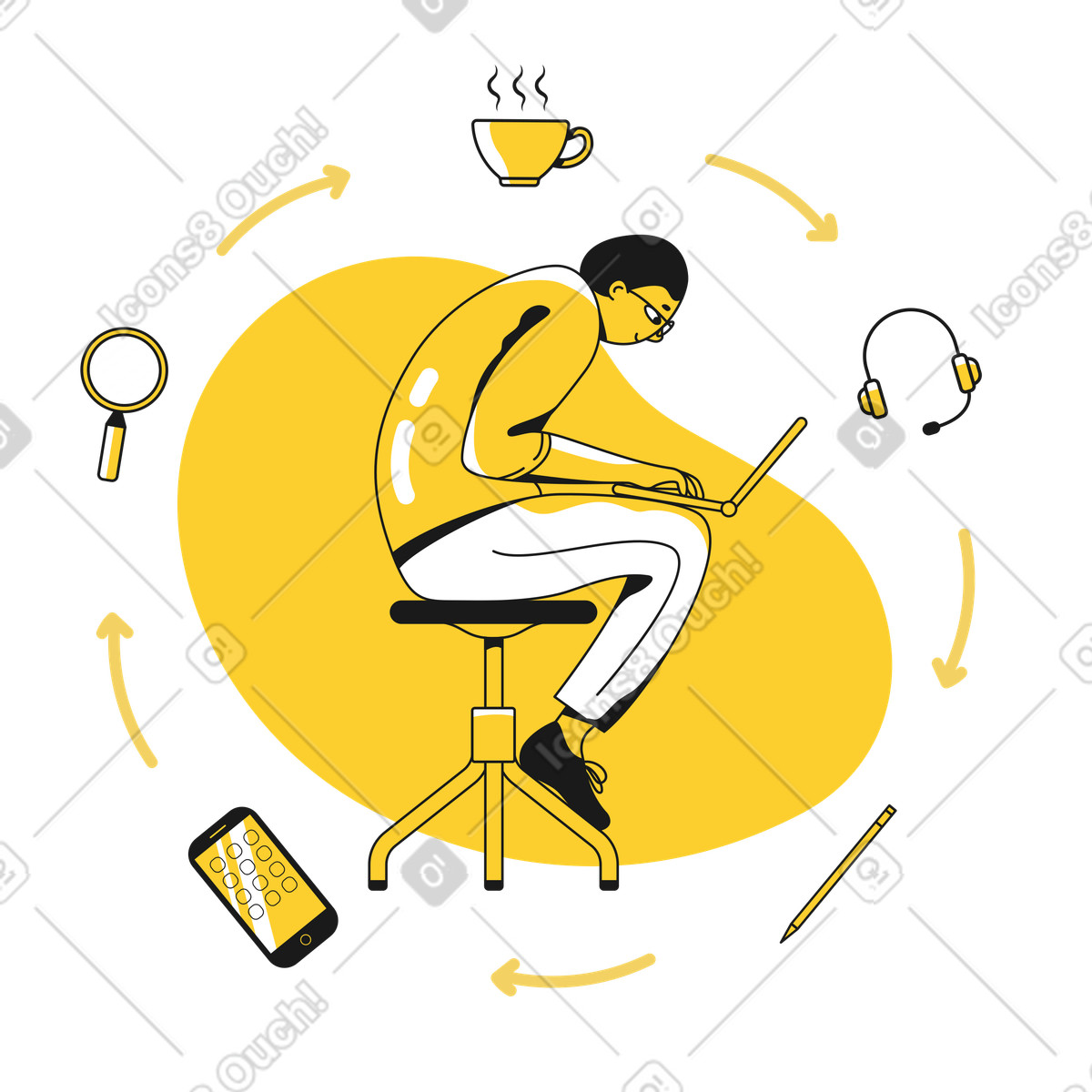 Mann mit laptop und elementen, die den arbeitsablauf symbolisieren-Illustration im Taxi-Stil als Download in PNG, SVG
