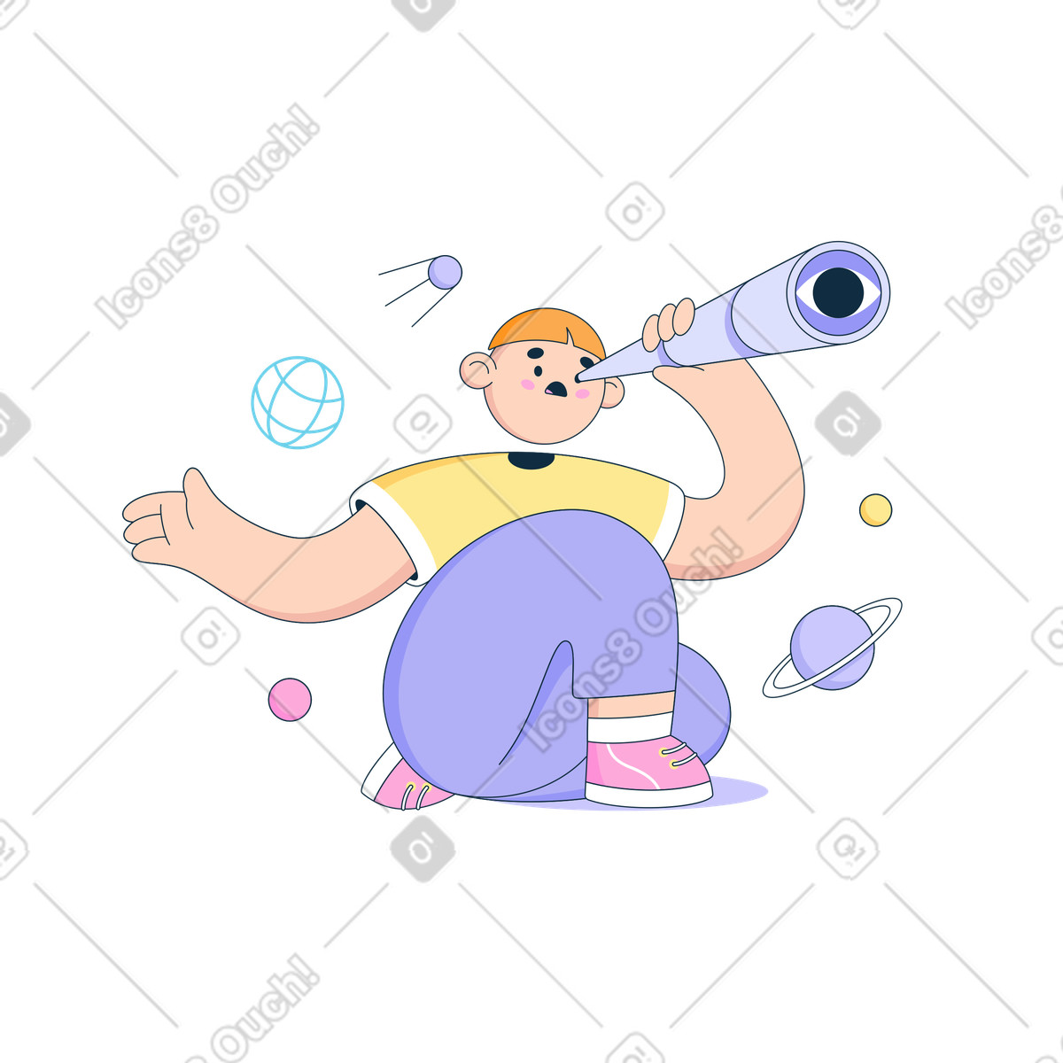 Bubble gum スタイルの 望遠鏡で覗いているがページが見つからない男性 のアニメーションイラストをGIF、Lottie (JSON)、AEでダウンロード