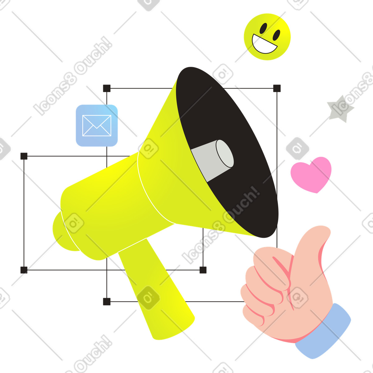 Megaphon als symbol für social media marketing-Illustration im Like-Stil Download in PNG, SVG