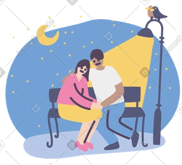 Man and a woman in love embracing on a bench under a street lamp in the evening PNG, SVG