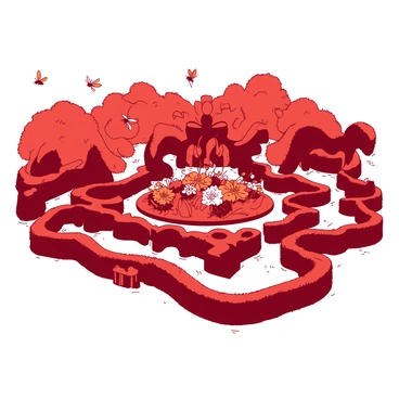 A red garden filled with intricate hedge designs shaped like various animals and geometric patterns. The hedges create a maze-like structure, leading visitors through winding paths lined with vibrant orange flowers. At the center of the garden, there is a circular arrangement of flowers in diverse colors, forming a stunning focal point. Bees and butterflies can be seen fluttering from one flower to another, adding life to the serene environment.