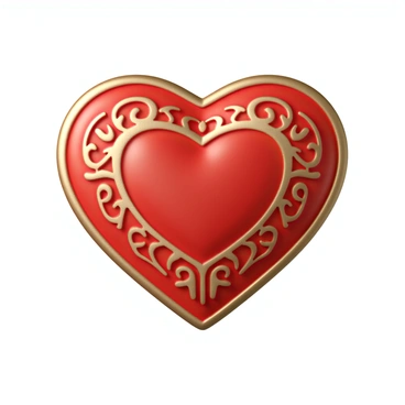 A shiny enamel pin badge shaped like a heart, featuring intricate detailing on its surface. The heart has a smooth, glossy finish with bright red and gold accents. The detailing includes delicate floral patterns and swirling designs etched into the enamel, creating an elegant and eye-catching appearance. The badge has a polished metal backing with a secure clasp for attachment.