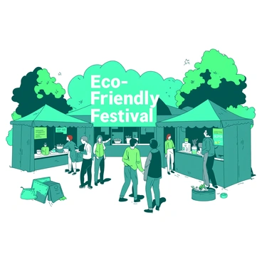 A teal vibrant festival is set in a spacious outdoor area filled with colorful stalls. Each stall is decorated with green banners showcasing various eco-friendly products such as reusable bags, bamboo utensils, and organic skincare items. People of diverse backgrounds are walking around, engaging in conversations and sampling products. In the center of the festival, a large sign reads "Eco-Friendly Festival" in bold, white letters. Lush green trees surround the festival area, adding to the lively atmosphere.