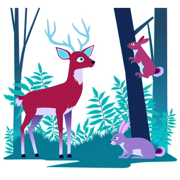 A group of various animals in a dense forest, all displaying a sense of alertness. A deer with large, expressive eyes stands on the edge of a clearing, its ears perked up and nostrils flared as it senses potential danger. Nearby, a rabbit crouches low to the ground, its fur fluffed and ears twitching as it scans the surroundings for threats. A squirrel, with a bushy tail raised, clings to the trunk of a tree, its small paws gripping tightly as it prepares to leap to safety. In the background, a cluster of vibrant green ferns and tall trees frame the scene, enhancing the feeling of being deep within the wilderness.