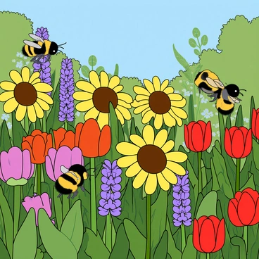 A vibrant garden filled with a variety of colorful flowers in full bloom. The flowers include bright yellow sunflowers, delicate purple lavender, and bold red tulips. Several large carpenter bees with fuzzy bodies are actively flying around, landing on the flowers to gather nectar. In the background, lush green leaves and plants create a rich environment. A clear blue sky is visible above, adding to the lively atmosphere. The garden is alive with activity, showcasing the dynamic interaction between the bees and the flowers.