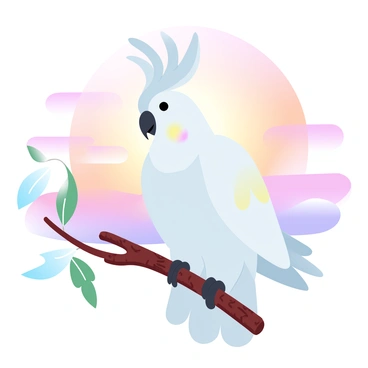 A cockatoo perched on a branch against a vibrant sunrise backdrop