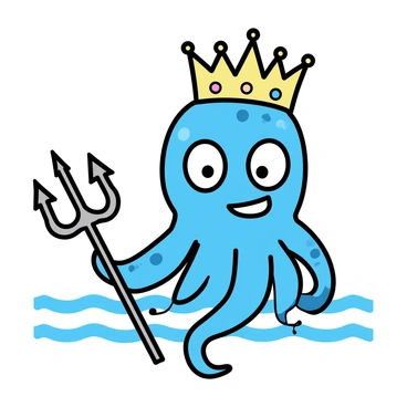A cartoon-style kraken with large, expressive eyes and a mischievous grin. It has several long tentacles that are coiled around a shimmering silver trident, which it holds confidently. The kraken is wearing an ornate gold crown adorned with colorful jewels. Its skin is a vibrant shade of blue, dotted with lighter blue spots. The background features gentle waves to suggest an ocean setting.