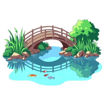 A tranquil pond filled with clear water reflects the surrounding greenery. A wooden bridge, weathered and rustic, arches gracefully over the pond. Lush plants and reeds line the edges of the pond, adding to its natural beauty. Colorful fish can be seen swimming just beneath the surface of the water. The sun casts dappled light across the scene, enhancing the serene atmosphere.
