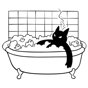 A Gengar character lounging in a large bubble bath filled with frothy white bubbles. Several playful rubber ducks are floating on the surface of the water, creating a lively scene. The Gengar has its arms resting on the edge of the bathtub, and the steam from the hot water rises in delicate swirls around it. The background features a tiled bathroom wall, adding context to the relaxing atmosphere. The overall composition captures the whimsical mood of the scene.