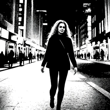 Barbie walking through a city at night, with glowing neon signs all around