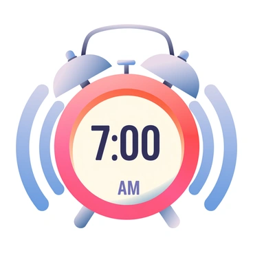A large, round alarm clock with a bright red casing is positioned in the foreground. It has two silver bells on top, and the time displayed is 7:00 AM in bold black numbers. Surrounding the clock are exaggerated sound waves depicted as vibrant, curving lines emanating from it, illustrated in various shades of blue and purple. The sound waves ripple outward, creating a dynamic visual effect that conveys the intensity of the alarm. The background is softly blurred, drawing focus to the alarm clock and its sound waves.