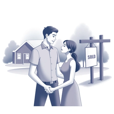 A couple standing in front of a 'Sold' sign, holding hands and looking apprehensive