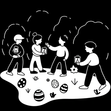 A group of children holding lanterns, searching for glowing Easter eggs scattered on the ground. The children are dressed in colorful clothing, engaged in the hunt, pointing towards the eggs. The eggs have vibrant patterns and emit a soft glow. The scene is set in a dark, grassy area with trees in the background, and the light from the lanterns creates gentle shadows on the ground.