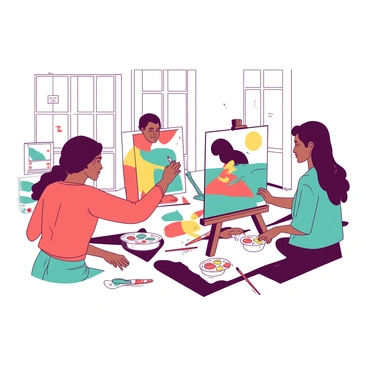 A group of three individuals is engaged in a painting activity during an art therapy session. Each participant is focused on their canvas, which displays a variety of colors and abstract shapes. One person is applying bold strokes of red paint, while another is using a soft brush with teal paint to create delicate patterns. The third participant is blending yellow and orange hues to form a warm sunset scene. The atmosphere in the room is calm, with natural light streaming through large windows and soft music playing in the background. Various art supplies, including brushes and palettes, are scattered on the table in front of them.