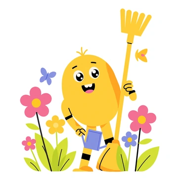 A mop tending to a garden, watering flowers with a tiny watering can