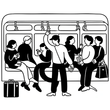 A crowded city bus filled with various people standing and sitting. Some individuals are reading newspapers or scrolling through their phones. A person is holding onto a strap with one hand and adjusting a backpack with the other. Nearby, a group of passengers is engaged in a quiet conversation. The bus interior features hanging straps and overhead luggage racks. The scene captures a variety of clothing styles, including jackets, scarves, and hats. The windows display reflections of the city outside. 