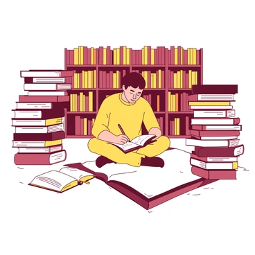 A yellow student is sitting cross-legged on a white carpet in the center of a circular arrangement of books in a library. The books are stacked in a circular pattern around the student, each book open and displaying various colored pages. The library shelves are lined with books in the background, with warm lighting illuminating the scene. The student is writing notes in a white notebook while glancing at the books, symbolizing a learning feedback loop.