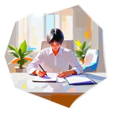 A person with medium skin tone and short black hair is sitting at a modern desk, filling out a loan application form. They are concentrated, pen in hand, with a stack of documents nearby. The bank office has large windows that let in plenty of natural light, illuminating the room. Soft green plants are placed around the office, adding a touch of life to the environment. The decor features light wood furniture and blue accent chairs, creating a warm and inviting atmosphere.