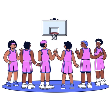 A group of basketball players in matching team uniforms stands in a tight huddle on a basketball court. The players are engaged in intense discussion, with some pointing and gesturing to illustrate their strategy. The court has a polished wooden floor with a three-point line clearly marked. In the background, a scoreboard displays the game time and score. Each player has a focused expression, highlighting the importance of their conversation.