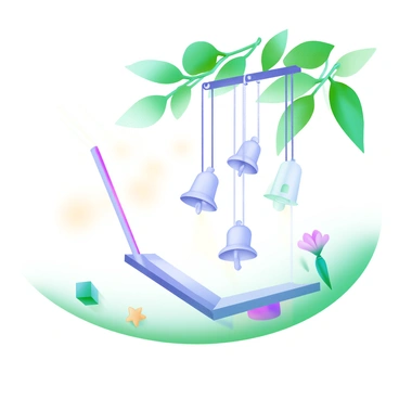 A close-up view of "delicate wind chimes" made of thin metal and glass, softly swaying as they catch the breeze. The sun casts gentle reflections on the chimes, creating a play of light. Each chime has a unique shape, with some resembling teardrops and others shaped like small bells. In the background, soft green leaves are rustling lightly, blurring slightly to emphasize the focus on the chimes. A few small flowers peek from below, adding color to the scene.