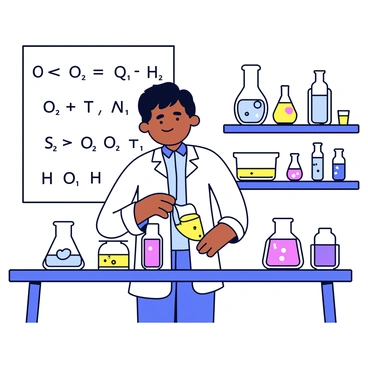 A scientist wearing a white lab coat is standing at a laboratory table. The scientist is focused on conducting an experiment with various colorful beakers filled with liquids. There are some beakers with bubbling substances and others with vibrant colors. Behind the scientist, a wall features a large, clear formula written in black. The room has shelves filled with additional scientific equipment and glassware, contributing to the laboratory setting.