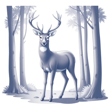 A deer standing tall in a forest clearing. The deer has large, impressive antlers that are prominently displayed above its head. It has a graceful body, with a smooth coat and strong legs. Surrounding the deer are various trees, with trunks that rise vertically and a canopy of leaves overhead. The ground is covered with a mix of grass and fallen leaves, creating a natural forest floor. Sunlight filters through the branches, casting delicate shadows around the deer, enhancing the serene atmosphere of the scene.