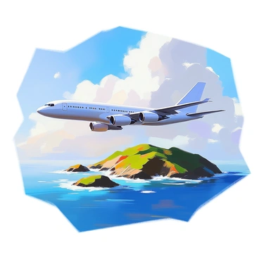 A Boeing 727 aircraft soaring through a bright blue sky, with fluffy white clouds scattered around. Below, a vast ocean stretches out, its waves glistening in the sunlight. Several green islands, varying in size and shape, emerge from the water, surrounded by the deep blue of the sea. The aircraft is depicted in the foreground, showcasing its distinctive shape and features, while the serene landscape of islands and ocean fills the background.