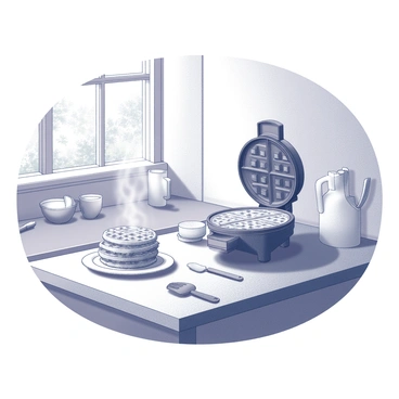 A kitchen interior with a warm and inviting atmosphere. A waffle maker sits prominently on a countertop, with steam rising gently from its open lid. Beside the waffle maker, several freshly cooked waffles are stacked on a plate, their texture detailed and crisp. Various utensils, such as spatulas and mixing bowls, are scattered nearby, adding to the preparation theme. Soft lighting illuminates the space, casting subtle shadows and highlighting the items within the kitchen. A window in the background allows for a view of outdoor foliage, enhancing the cozy ambiance.