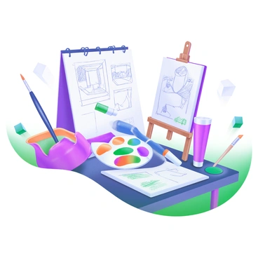 A modern pastel illustration of a workspace filled with various scattered sketches showcasing different art styles. There are several open paint tubes in a range of colors, some tipped over, spilling their contents. Color palettes in different shapes are placed haphazardly on the table, displaying a vibrant mix of paint colors. Surrounding the workspace are several art supplies, including brushes of various sizes, a small easel, and a sketchbook partially open, revealing more drawings. A soft light illuminates the scene, enhancing the colors and textures of the materials present.