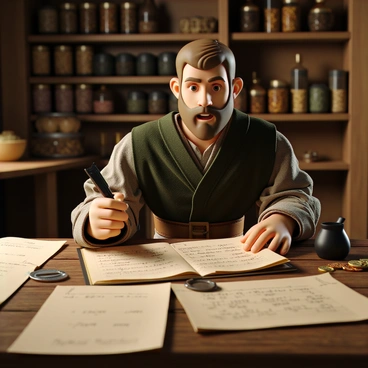 A medieval merchant with light brown hair and a neatly trimmed beard is seated at a wooden desk covered in various parchment sheets. He is wearing a dark green tunic with a brown leather belt, and his expression is focused as he records transactions. In his right hand, he holds a quill dipped in black ink, while his left hand supports an open ledger displaying intricate writing. The desk is adorned with scattered coins, a wax seal, and an ink pot, reflecting a busy trading environment. In the background, there are shelves filled with colorful jars and dried herbs, indicating a variety of goods being traded. The lighting is warm and inviting, highlighting the merchant's meticulous work.