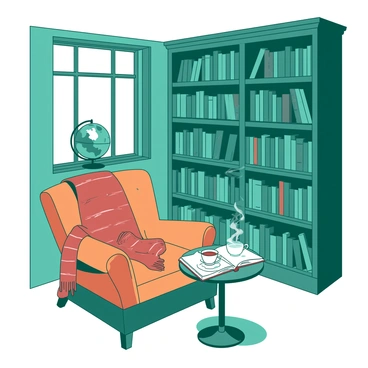 A teal quaint bookstore has towering wooden shelves filled with antique books, their spines dusty and worn. In the center of the room, there is a cozy reading nook featuring a comfortable orange armchair with a colorful knitted throw draped across the back. A small round teak table stands beside the armchair, holding a steaming cup of tea and an open book. Soft light filters through a nearby window, illuminating the warm atmosphere of the bookstore. A vintage globe sits on a shelf in the background, adding charm to the setting.