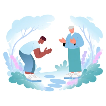 A young person is bowing respectfully to an elderly person. The young person is wearing a casual outfit, with their hands clasped in front of them. The elderly person is dressed in traditional attire and is standing with a gentle posture. Surrounding them is a garden filled with blooming flowers of various colors and a variety of green plants. There are several trees in the background, providing dappled sunlight throughout the scene. A stone path leads through the garden, enhancing the tranquil atmosphere.