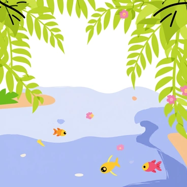 A clear blue river flows gently through a lush landscape. Brightly colored fish are swimming in the water just beneath the surface. Overhanging tropical plants with large green leaves and vibrant flowers create a dense canopy above the river. Sunlight filters through the leaves, casting dappled patterns of light on the water. Shadows from the plants play on the lively fish as they dart around, adding movement to the tranquil scene.