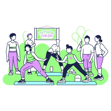 A community outdoor fitness event is taking place in a park setting. In the foreground, several participants of different ages are performing glute bridges on exercise mats. A young child, a teenager, an adult, and an elderly person are all engaged in the exercise, showcasing a diverse group. The young child is wearing bright sportswear, while the elderly participant is dressed in comfortable athletic clothing. In the background, a few people are standing around, offering encouragement. Colorful outdoor banners indicating “Fitness Fun Day” are visible, alongside various fitness equipment such as cones and water bottles scattered throughout the area. The sky is clear, and the sun casts gentle shadows on the grassy ground.