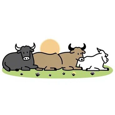 A group of three bulls lying down on green grass in a warm meadow. The bulls are large and muscular, with glossy coats in shades of black, brown, and white. The sun is setting in the background, casting an orange glow across the sky. The grass is a vibrant green, and there are a few scattered wildflowers in yellow and purple around the bulls. The scene conveys a sense of calmness as the bulls rest close to each other.
