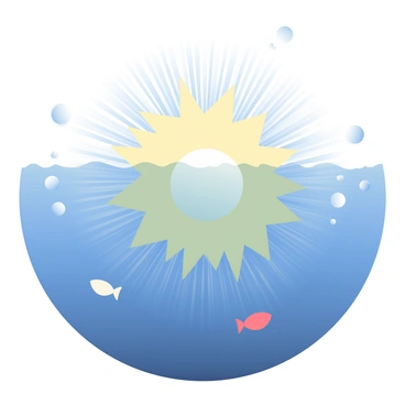 An underwater explosion has occurred, sending a large burst of water upwards. Surrounding the explosion are numerous bubbles rising to the surface, reflecting light as they ascend. Ripples radiate outward from the epicenter of the blast, creating a pattern on the water's surface. The scene is bathed in a blue hue, with darker shades and lighter reflections, highlighting the dynamic movement of the water. Small fish are seen swimming away from the disturbance, caught in the tumultuous current created by the explosion.